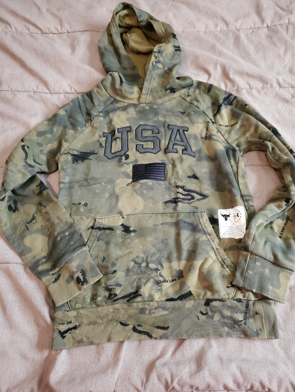 Under Armour Project Rock Freedom X Blood Sweat Respect Camo Hoodie Youth Medium